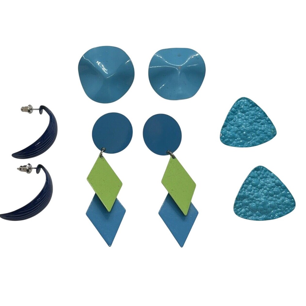 Vintage Lot of 4 Pairs Blue Green Pierced Earrings 80s 90s Geometric Statement‎